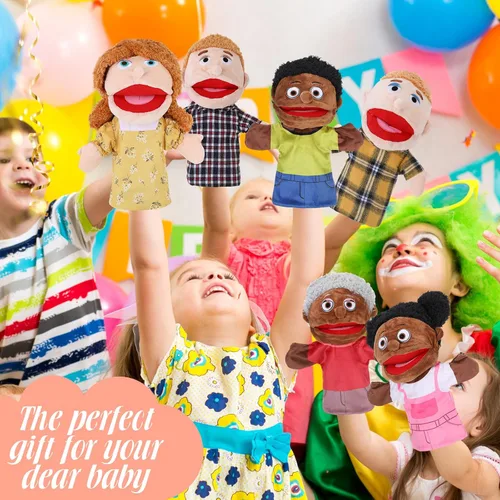 Vista 6 de Shappy 12 marionetas familiares de mano de 12 pulgadas, abuelos, mamá y papá, hermano y hermana, hijo e hija, juguetes de peluche