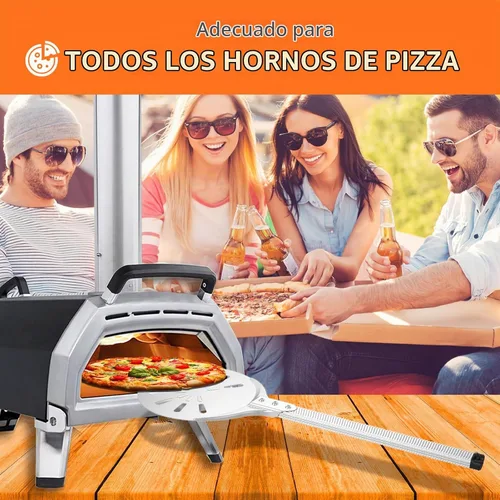 Vista 3 de Cáscara giratoria de pizza, 8 pulgadas, mango largo perforado de aluminio con gancho de silicona, accesorios para horno de pizza