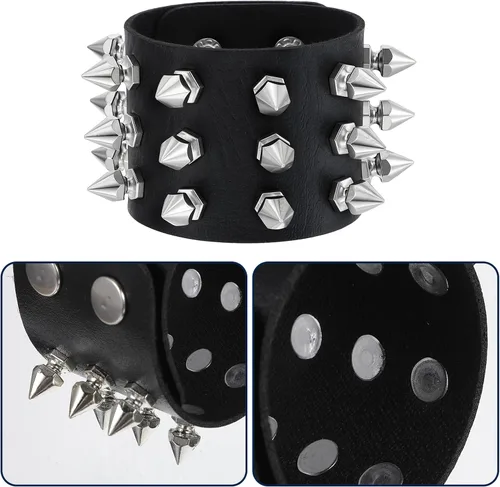Vista 4 de 2 pulseras con tachuelas góticas, punk rock, rock, pulseras exageradas de cuero negro remache pulsera ajustable de correa ancha con botón de metal
