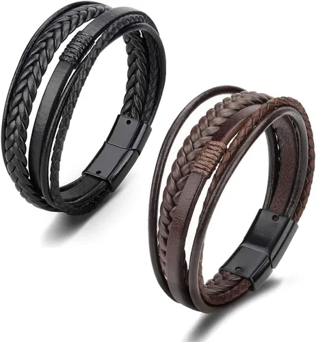 Vista 3 de Pulsera trenzada marrón casual de cuero negro para hombre