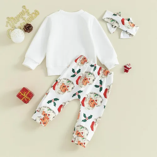 Vista 6 de Fladdswed Ropa de Navidad para bebé y niña, sudadera de manga larga, camiseta de Papá Noel, 3 piezas, ropa de otoño e invierno