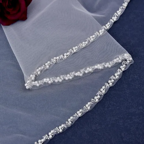 Vista 4 de 1 nivel perla de cristal con cuentas borde nupcial velo de boda longitud de la yema