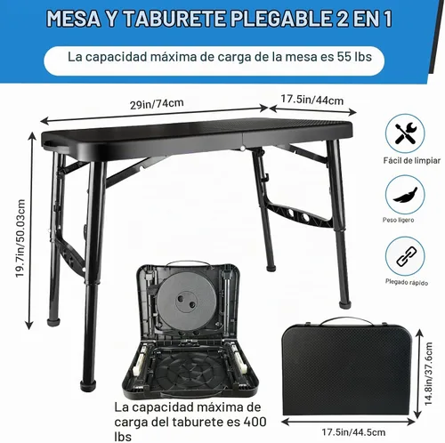 Vista 2 de Juego de mesa y taburete plegable portátil, mesa plegable ligera y taburete plegable para camping, picnic, playa, pesca, mesa resistente