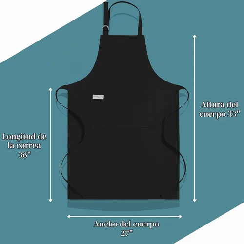 Vista 8 de Delantal de cocina 100% algodón con 2 bolsillos, delantal de chef ajustable para cocinar, hornear barbacoa, delantal unisex