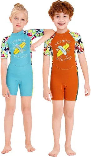 Vista 3 de Traje de neopreno térmico para niños, traje de baño corto de 2.5 mm para niñas y niños, juvenil, adolescente, niño pequeño, traje de baño de una