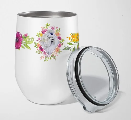 Vista 108 de Caroline's Treasures CK4110TBL12 Afghan Hound Pink Flowers - Vaso de vino aislado de acero inoxidable de 12 onzas con tapa, bonita taza de viaje