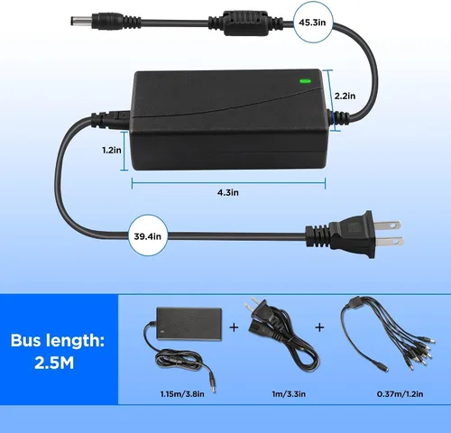 Vista 2 de Adaptador de corriente de cámara de seguridad 12V 5A 100V-240V AC a 12V DC LED Transformadores de potencia Cable divisor de potencia de 8 vías