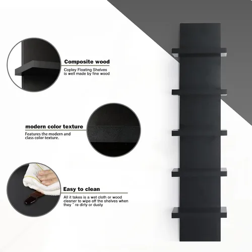 Vista 4 de Estantes de pared de 5 niveles en negro, estante de columna vertical flotante, organizador de almacenamiento para decoración del hogar, diseño