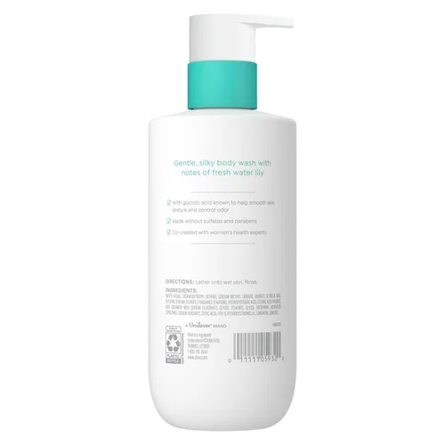 Vista 2 de Dove Gel de baño de suero glicólico para mujer, para renovación de la piel, hidratación y control de olores, aroma a lirio de agua dulce, 14.2 onzas