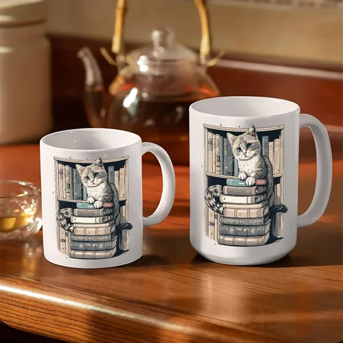 Vista 5 de Taza divertida para amantes de los gatos, tazas de biblioteca para amantes de los gatos y los libros, taza de libros y gatos, artículos