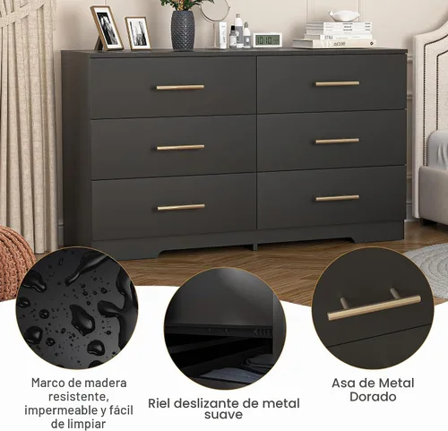 Vista 6 de Spaco Cómoda negra de 6 cajones con mango dorado, cómoda moderna de 6 cajones profundos para dormitorio, cómoda de almacenamiento para armario, sala
