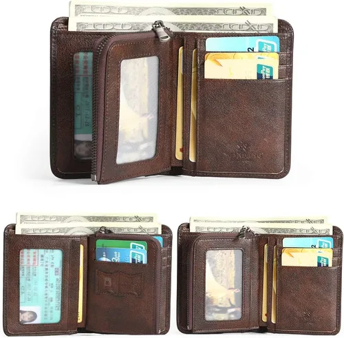 Vista 29 de Billetera para hombre con cremallera de cuero genuino RFID tarjeteros de piel de vaca con cremallera bolsillo para monedas, carteras plegables