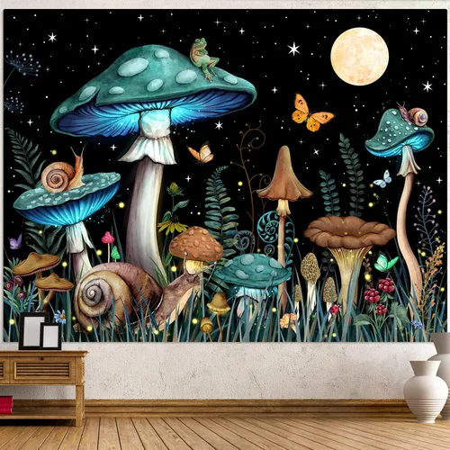 Vista 12 de Zussun Tapiz de hongo rojo, tapices de luna y estrella para dormitorio, estética de color beige, noche estrellada, planta verde, tapiz de pared