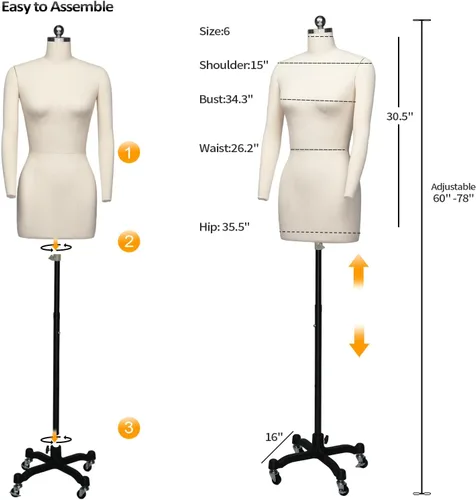 Vista 2 de Bonnlo Maniquí de costura femenino, talla 6, forma de vestido profesional para exhibición y diseño de sastre, torso ajustable en altura con base
