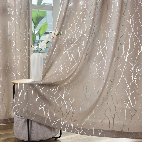 Vista 11 de Kotile Cortinas traslúcidas de rama de árbol – Cortinas traslúcidas grises con estampado de rama de árbol en lámina dorada metálica de 63 pulgadas