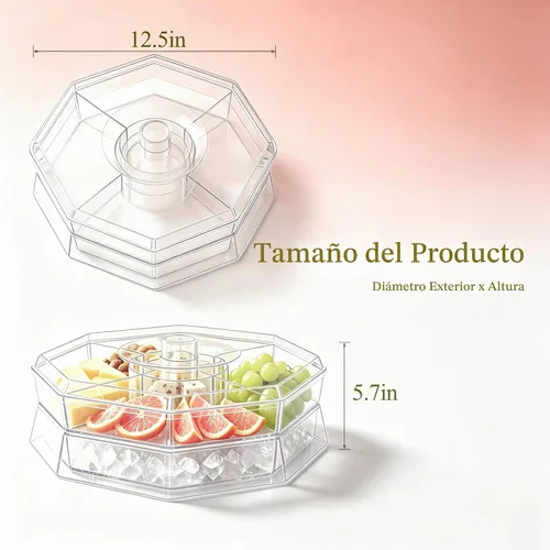 Vista 4 de IVYHOME 5 compartimentos para servir hielo Lazy Susan, plato de cóctel de camarones divididos con tapa, plato de plástico para tacos, bandeja fría