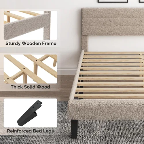 Vista 8 de VINGLI Base de cama individual para niños, cama de plataforma tapizada Boucle con cabecera ajustable, soporte de listones de madera resistente, cama