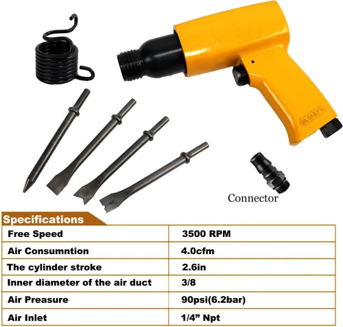 Vista 3 de Kit de martillo neumático, con cincel de aire de 4 piezas, herramienta de martillos neumáticos con reducción de vibración para trabajos metálicos