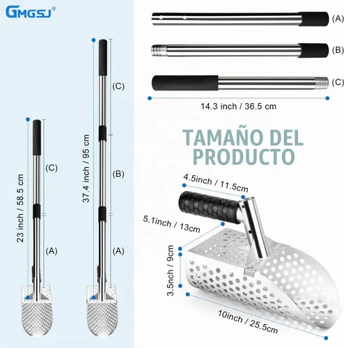 Vista 2 de Cuchara de arena para detección de metales, cuchara detector de metales de acero inoxidable con mango largo de acero, accesorios para detectores