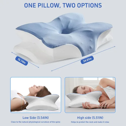 Vista 6 de Gooo&Ma Almohada cervical de apoyo para el cuello para aliviar el dolor, espuma viscoelástica ortopédica (azul)
