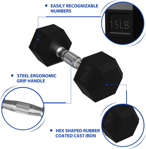 Vista 3 de Signature Fitness Rubber Encased Hex Dumbbells with Optional Rack, 10 15 20LB Pairs and 5, 10 and 15 Pairs Weight Sets for Home Gym