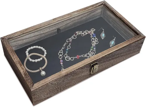 Vista 3 de MOOCA Vitrina de madera con tapa de cristal, vitrina de cuchillo de bolsillo con almohadilla de exhibición de joyería de terciopelo MDF de lujo