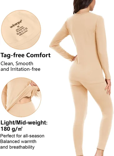 Vista 2 de wirarpa Juego de ropa interior térmica de algodón para mujer, ligera, pantalones largos, capa base, conjunto de pijama para mujer, parte superior e