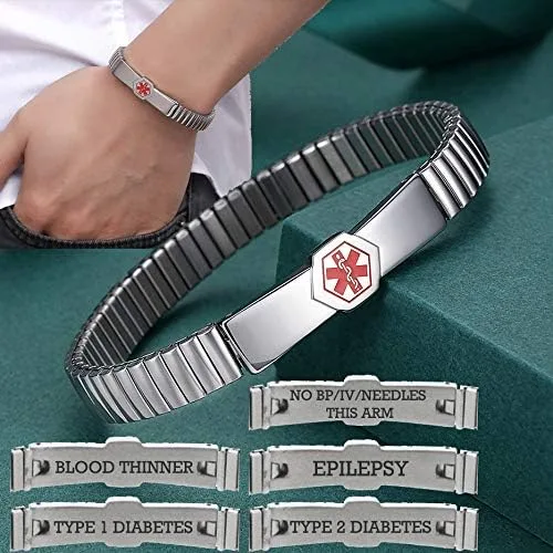 Vista 2 de mnmoom - Pulsera unisex de acero inoxidable con grabado de alerta médica para hombre y mujer