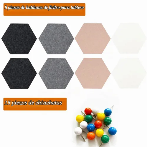 Vista 2 de 8 Piezas Azulejos Hexagonales de Tablero de Corcho de Fieltro, Autoadhesivos DIY Tablero de Anuncios Tablero de Clavijas para Oficina Escuela Hogar