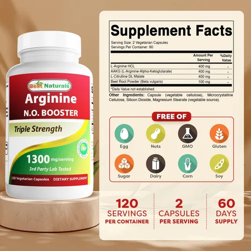 Vista 2 de Best Naturals L-Arginina NO Booster Triple Strength 1300 mg Servir 120 cápsulas vegetales - Hecho con L-Arginina, AAKG, L-Citrulina, Remolacha