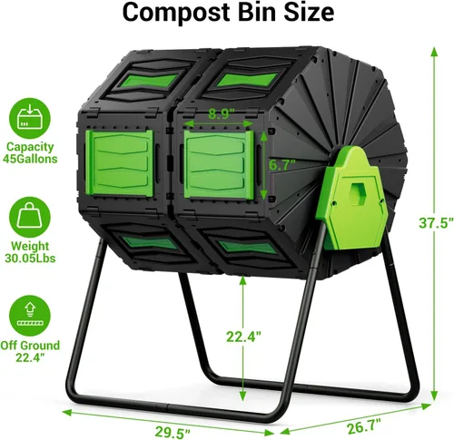 Vista 7 de Vaso de compost, fácil de montar y eficiente, contenedor de compost para exteriores, 45 galones/170 litros, compostador giratorio de doble cámara