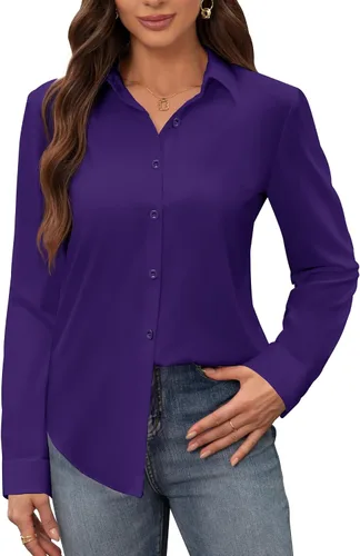 Vista 15 de Siliteelon - Camisas de vestir para mujer, a prueba de manchas, sin arrugas, de manga larga, sólidas, para trabajo y negocios, con botones
