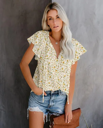 Vista 2 de SimpleFun Blusa de verano de manga corta con cuello en V floral para mujer