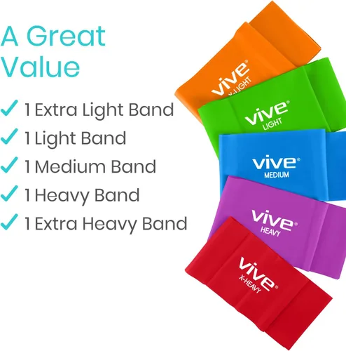 Vista 2 de Vive Resistance Bands for Working Out (5 Pack) - Exercise & Workout Resistance Kit - Stretch, Elastic Loop Bands for Physical Therapy, Pilates, Yoga