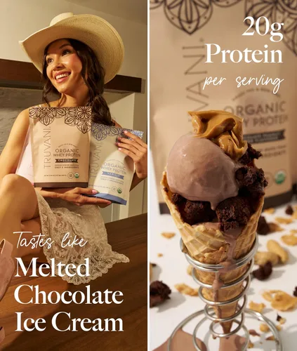 Vista 6 de Polvo de proteína de suero orgánico Truvani Chocolate 20g de proteína de suero alimentado con hierba 20 porciones Orgánico certificado USDA
