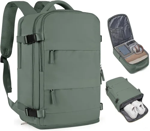 Vista 35 de Mochila de viaje grande, bolsa de mano, aprobada para aviones, para artículos personales, para hombre o mujer, color beige con marrón