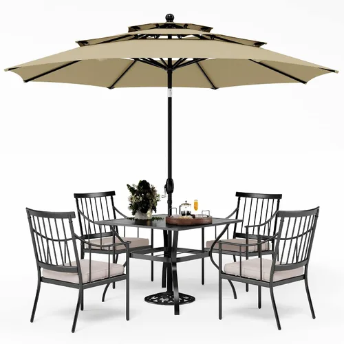 Vista 18 de PHI VILLA Juego de mesa de comedor para patio de 7 piezas con cojín para 6, mesa grande rectangular de metal para exteriores con orificio para Silla