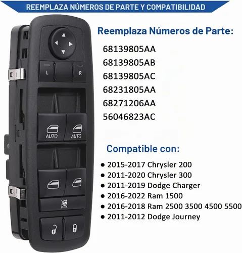 Vista 2 de Obaee Interruptor de ventana delantera izquierda 68231805AA compatible con Chrysler 300 2011-2012, Chrysler 200 2015-2017, Dodge Charger 2011-2014