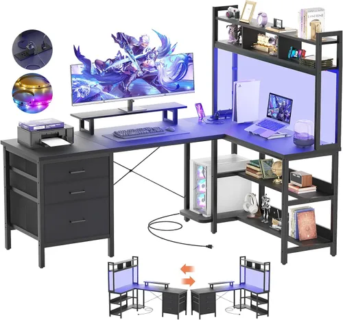 Vista 9 de Aheaplus Escritorio en forma de L con alacena, escritorio para juegos con luces LED, escritorio reversible para computadora con toma de corriente