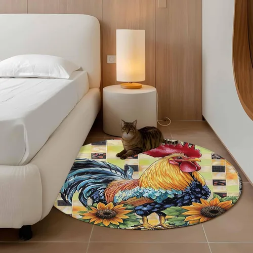 Vista 3 de 4ft Round Rug, Retro Rooster Non-Skid Rubber Backing Large Area Rugs - Living Room Bedroom Home Office, Yellow Sunflower Watercolor Animals Plaid