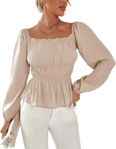 Vista 4 de LYANER Women's Frill Smock Retro Square Neck Long Sleeve Shirred Blouse Tops