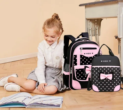 Vista 7 de Juego de 2 mochilas escolares con lazos para niñas y estudiantes, diseño de princesa para escuela primaria, 2pcs Negro-s, 2Pcs BagSet S