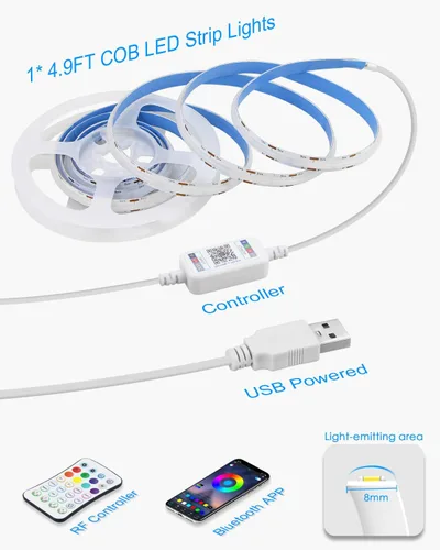 Vista 7 de 5V USB COB RGB LED Light Strip With Remote 576LED/M 4.92FT Rope Lights 1.5M