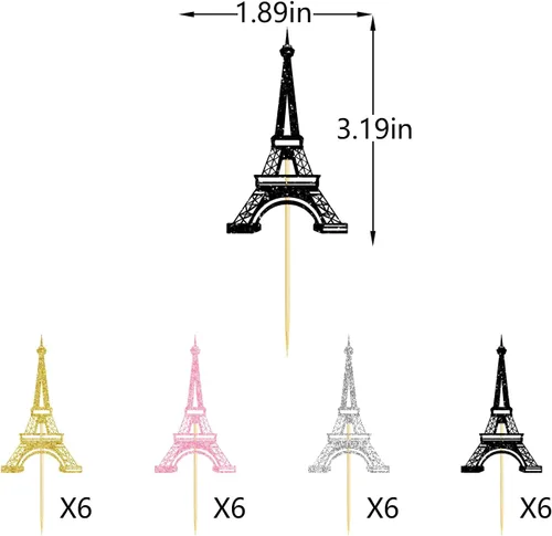 Vista 2 de 24 adornos para cupcakes de la Torre Eiffel, purpurina de doble cara Decoración para tartas de París, decoraciones de fiesta temática de París