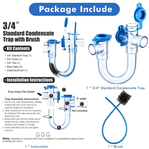 Vista 6 de 1 paquete de trampa de condensado estándar de 3/4 pulgadas con cepillo de limpieza, trampa U de PVC para sistemas HVAC, aire acondicionado, drena