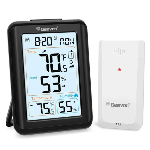 Vista 10 de Geevon Termómetro e higrómetro inalámbrico para interiores/exteriores, sensor digital de temperatura y humedad con hora, reloj, rango de 200 Negro B