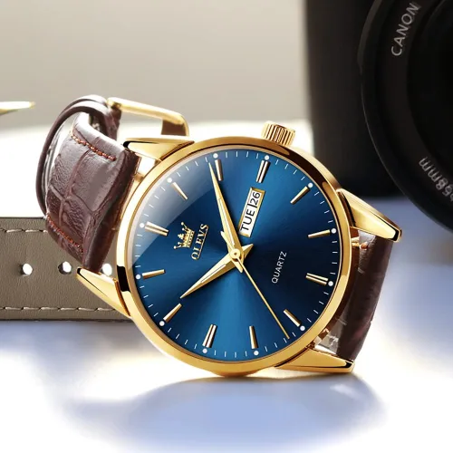 Vista 4 de OLEVS Reloj para hombres cronógrafo marrón cuero oro caso analógico cuarzo moda negocios vestido grande hombres reloj día fecha luminoso impermeable