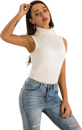 Vista 3 de Spicy Sandia Suéter ajustado sin mangas de punto de cuello alto elástico para mujer