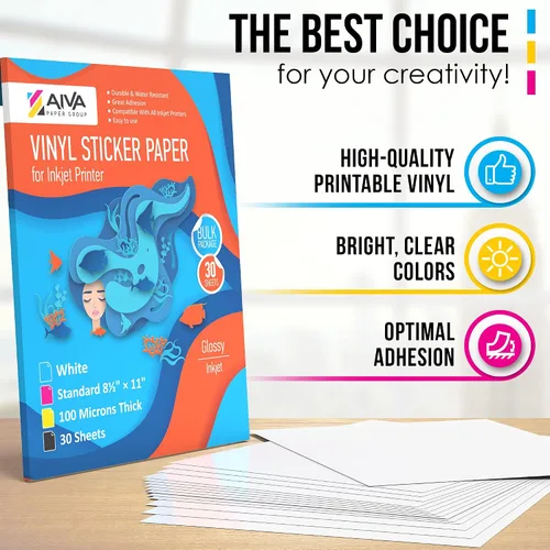 Vista 4 de Papel adhesivo de vinilo para imprimir - Papel impermeable para calcomanías para impresora de inyección de tinta - 30 hojas autoadhesivas - Blanco