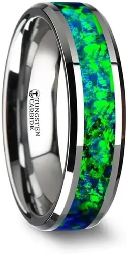 Vista 2 de Roy Rose Jewelry Tungsteno con bordes biselados y incrustaciones de ópalo de color verde esmeralda y azul zafiro con incrustaciones de ópalo